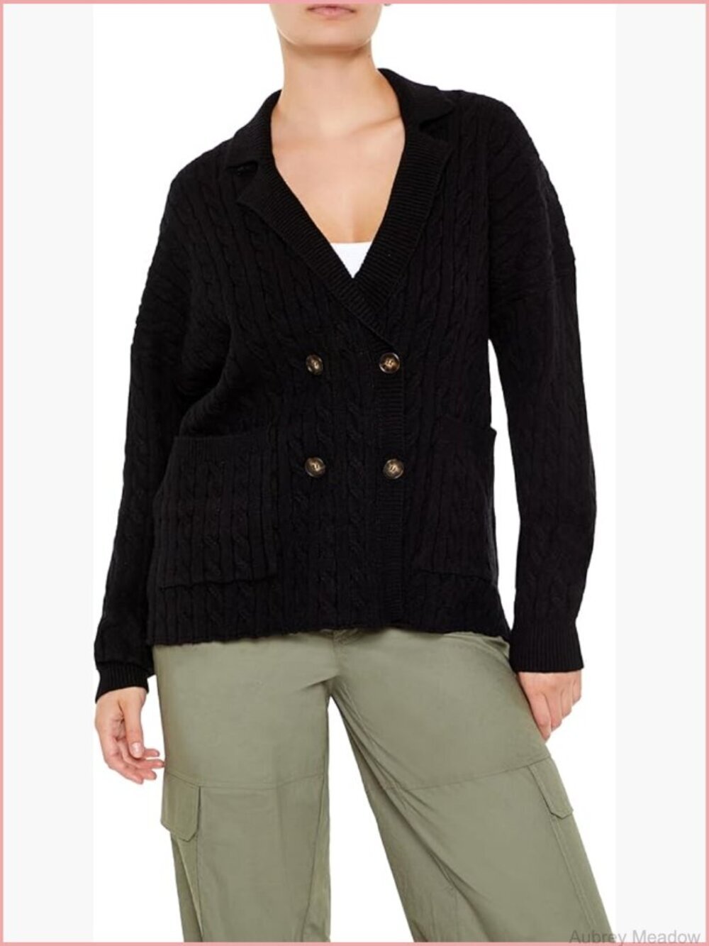 Double-Breasted Cable Knit Cardigan Sweater with Cuban Collar